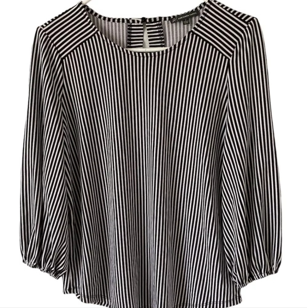 NWT Adrianna Papell Striped Blouse Size‎ Medium Black & Cream Stripe 3/4 Sleeve